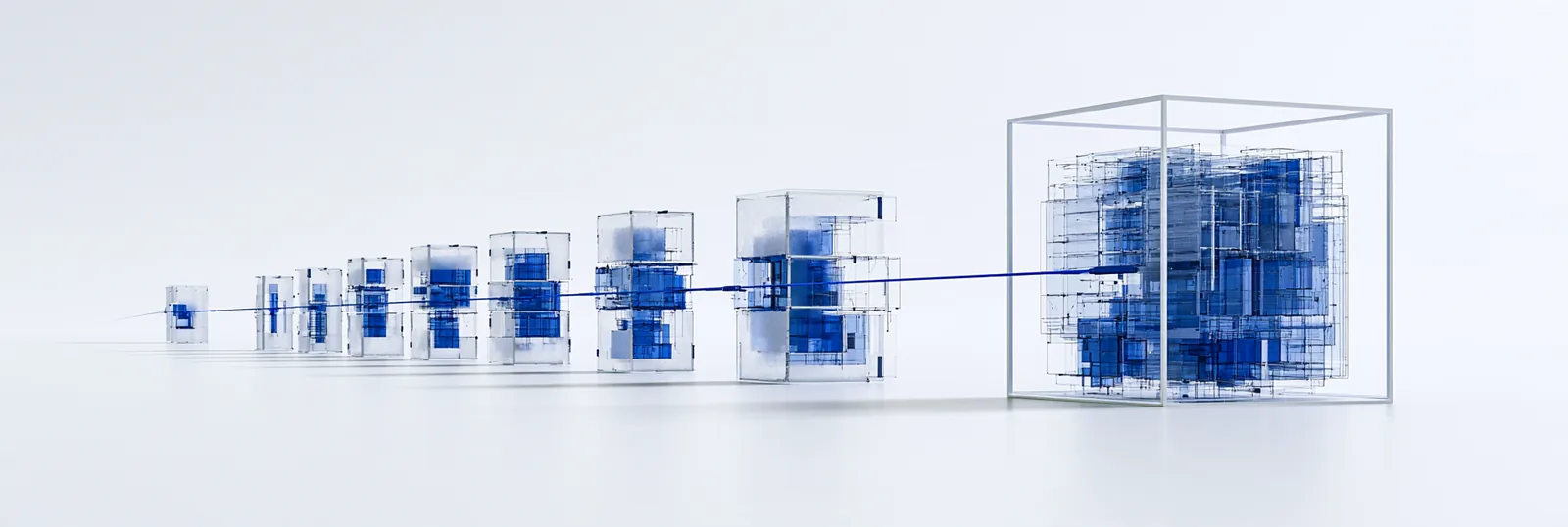 Spatial render: small translucent modules growing along one line into a large assembled glass structure at the right