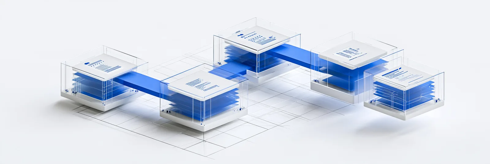 Spatial render: two glass record modules joined by one wide blue channel across a shared plane