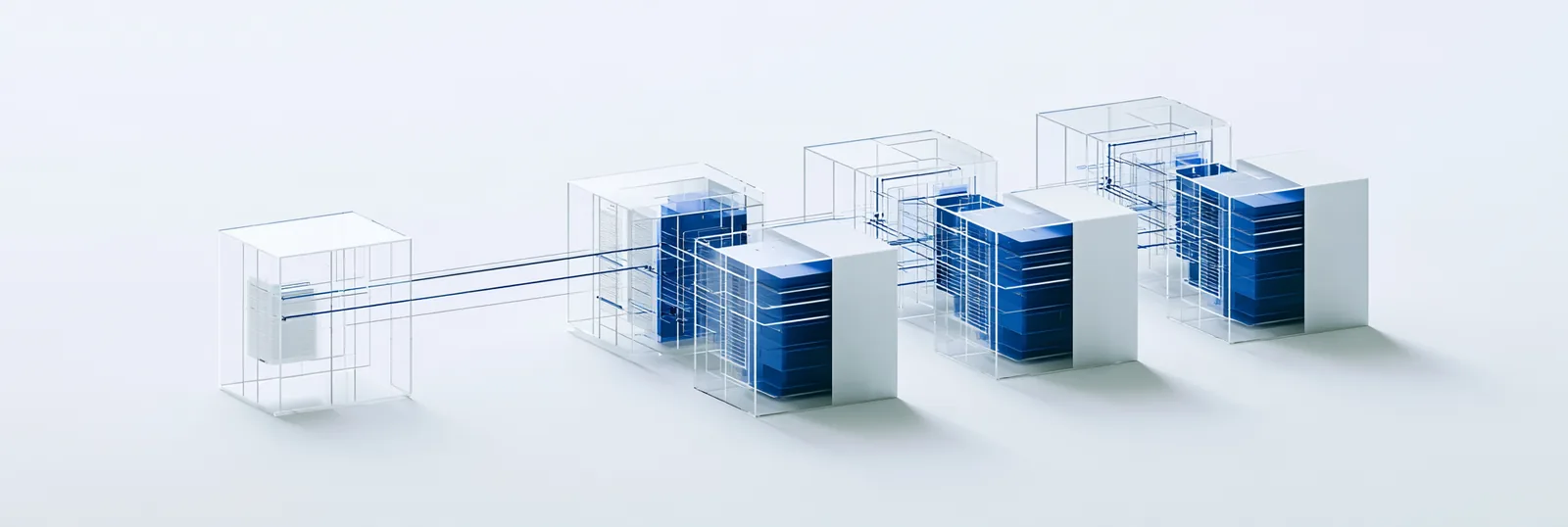 Spatial render: one source record fanning into four separate offering route modules