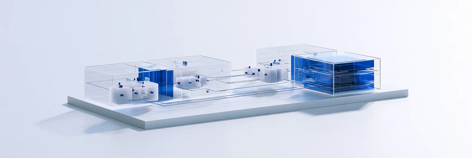 Spatial render: two equal asset assemblies side by side, one passing a transfer request through a checkpoint