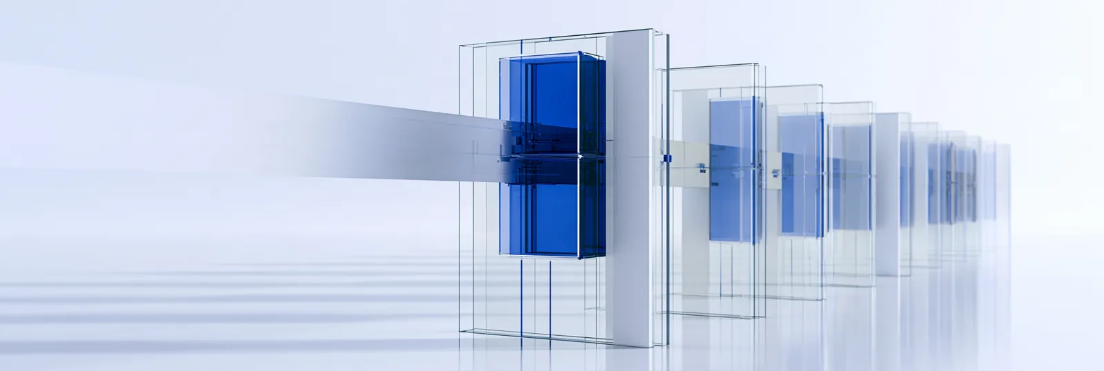 Spatial render: one dense blue slab standing upright, a row of paler slabs receding behind it