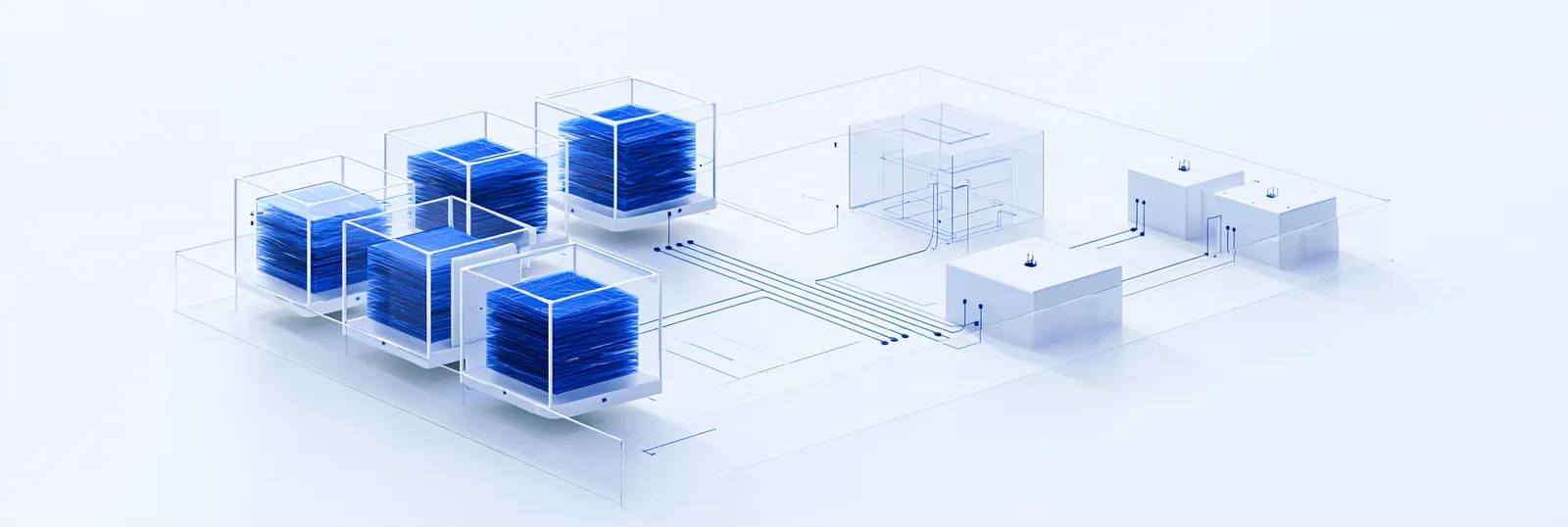 Spatial render: blue data cubes wired to an external rule frame beside a module carrying its rules inside