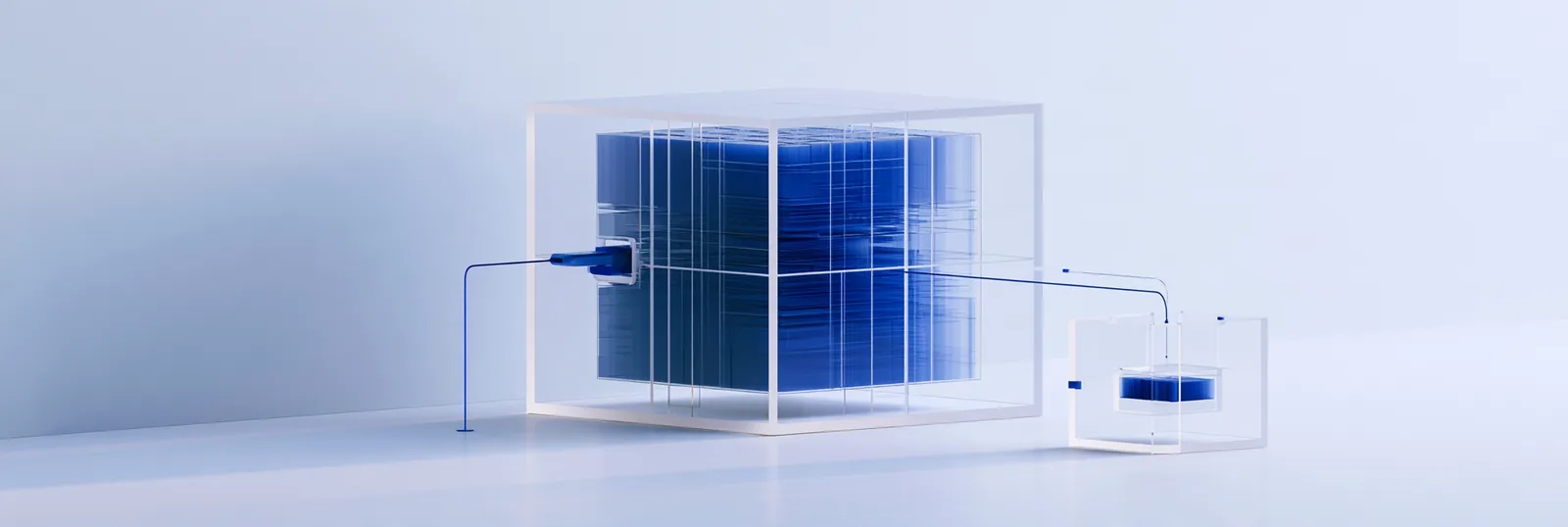 Spatial render: one blue record held inside a sealed glass case, a thin line leading out to a holder's own small module