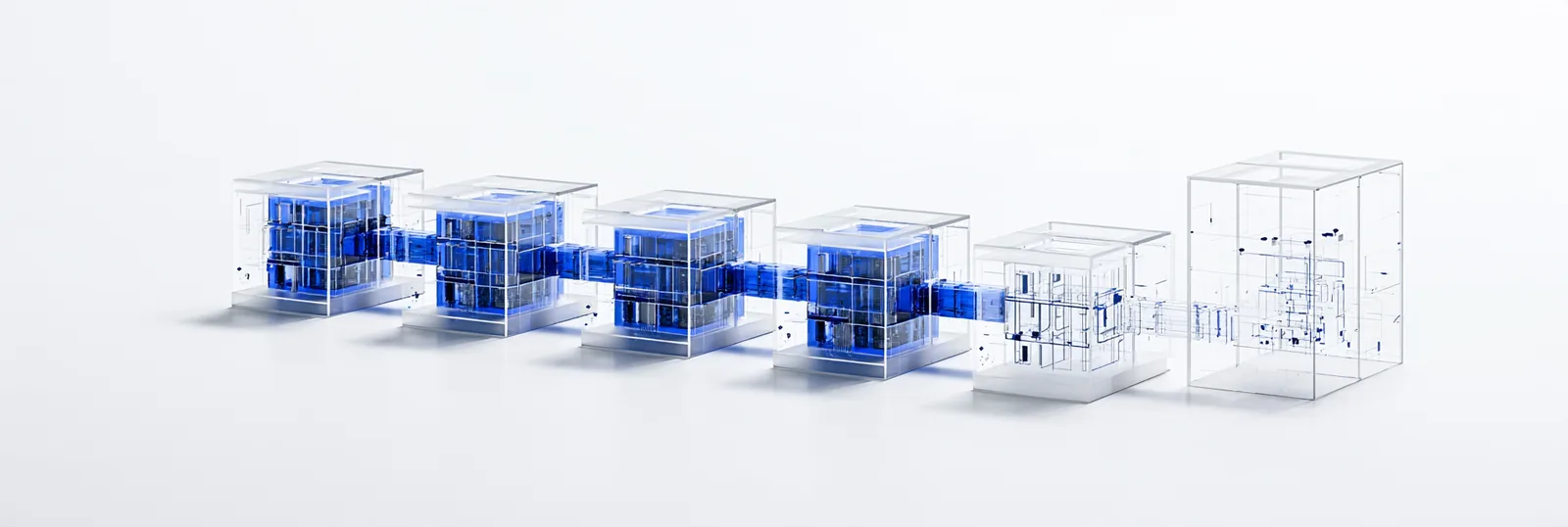 Spatial render: eight glass chambers along one line, records passing stage by stage toward the final case