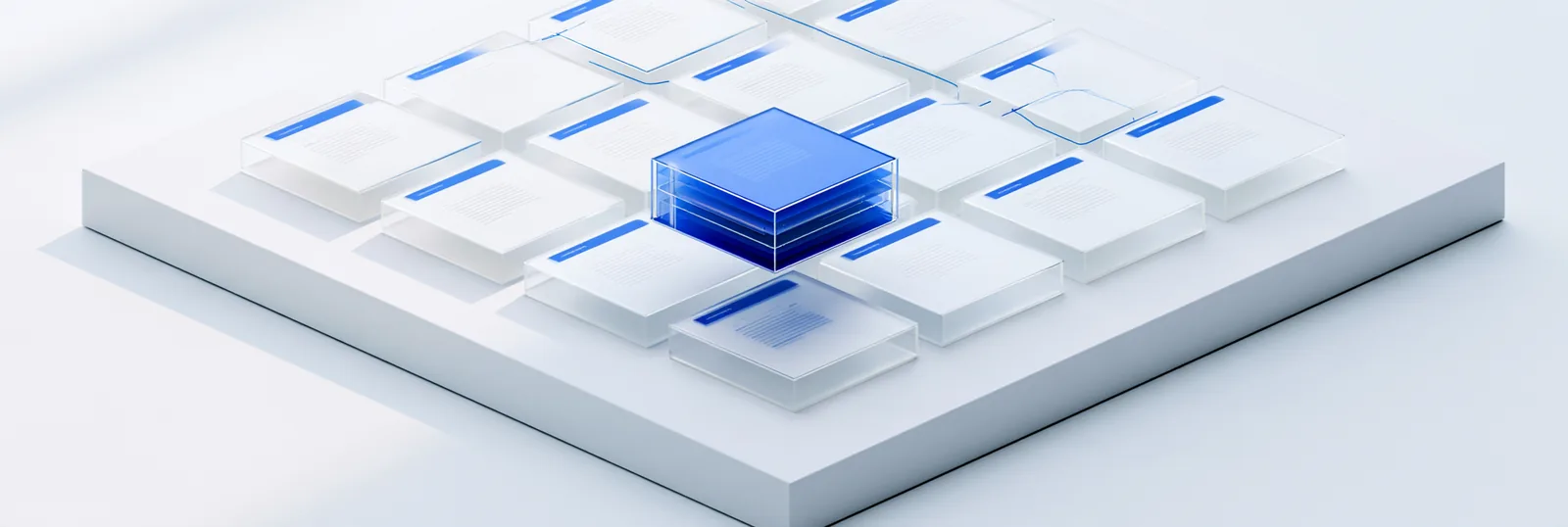 Spatial render: a flat grid of white definition tiles with one solid blue cube standing among them