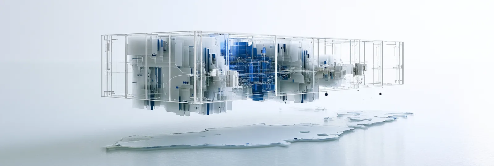 Spatial render: a low translucent island carrying a fine glass records structure