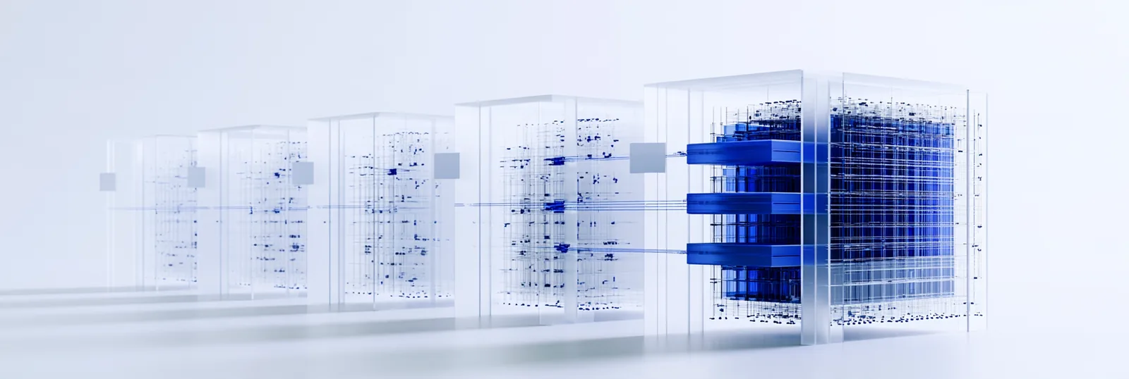 Spatial render: rows of faint record panels growing into one dense assembled block at the right