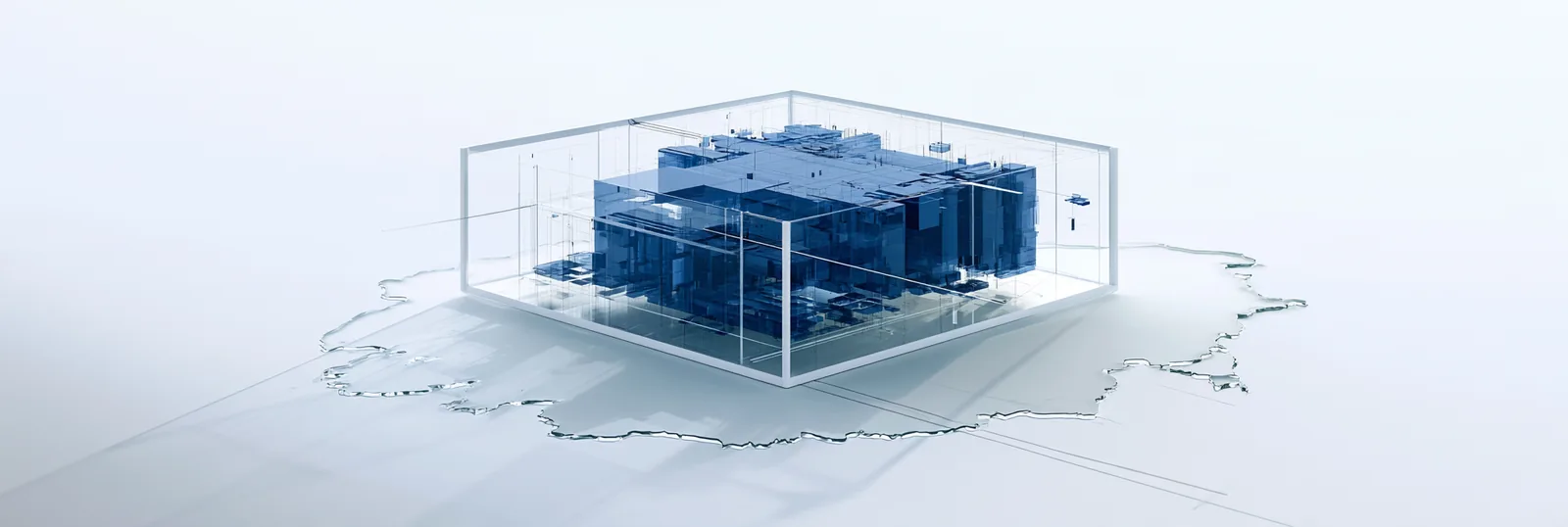 Spatial render: one precise glass case of ordered blue records on an outline of Germany