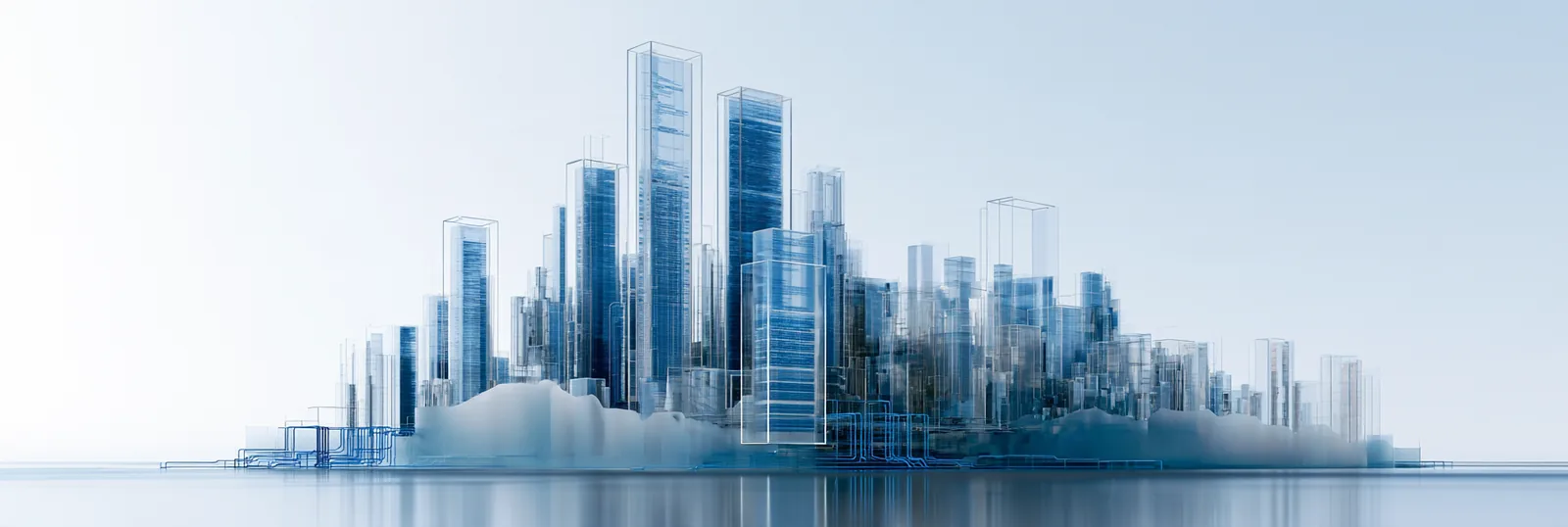 Spatial render: a dense translucent skyline rising from a white base