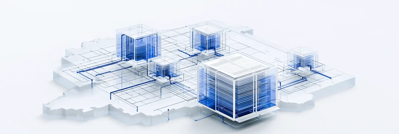 Spatial render: a small precise glass structure on a stepped white relief
