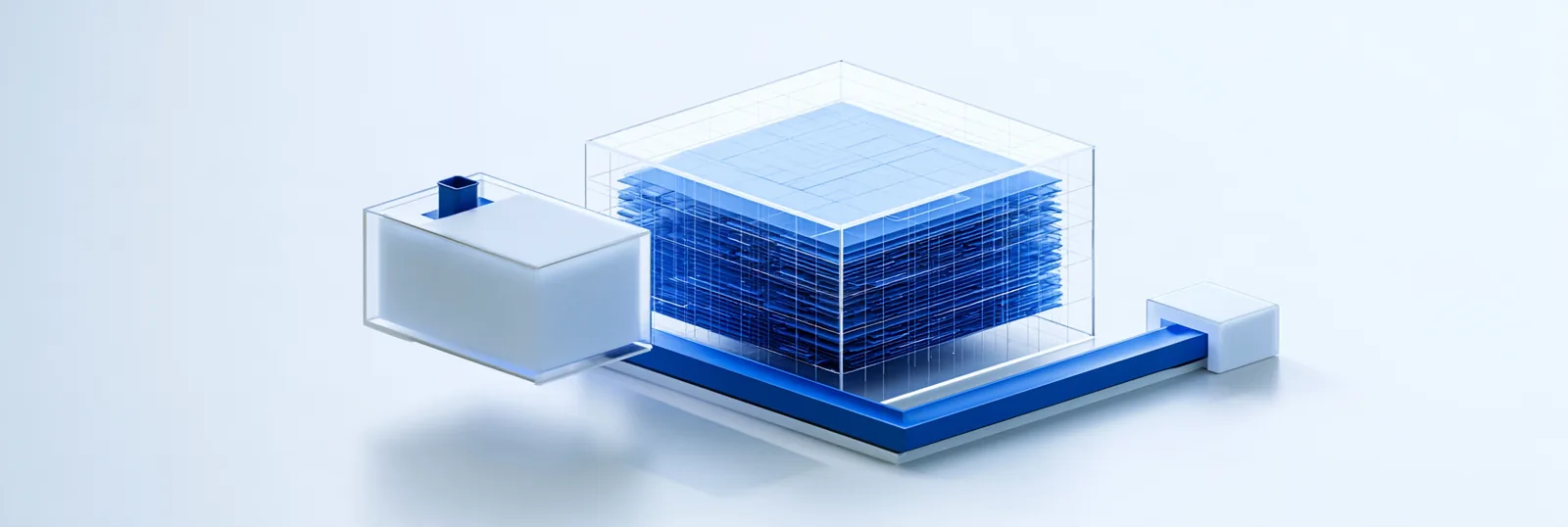 Spatial render: a stack of blue record layers resting on its own base beside a detached empty shell