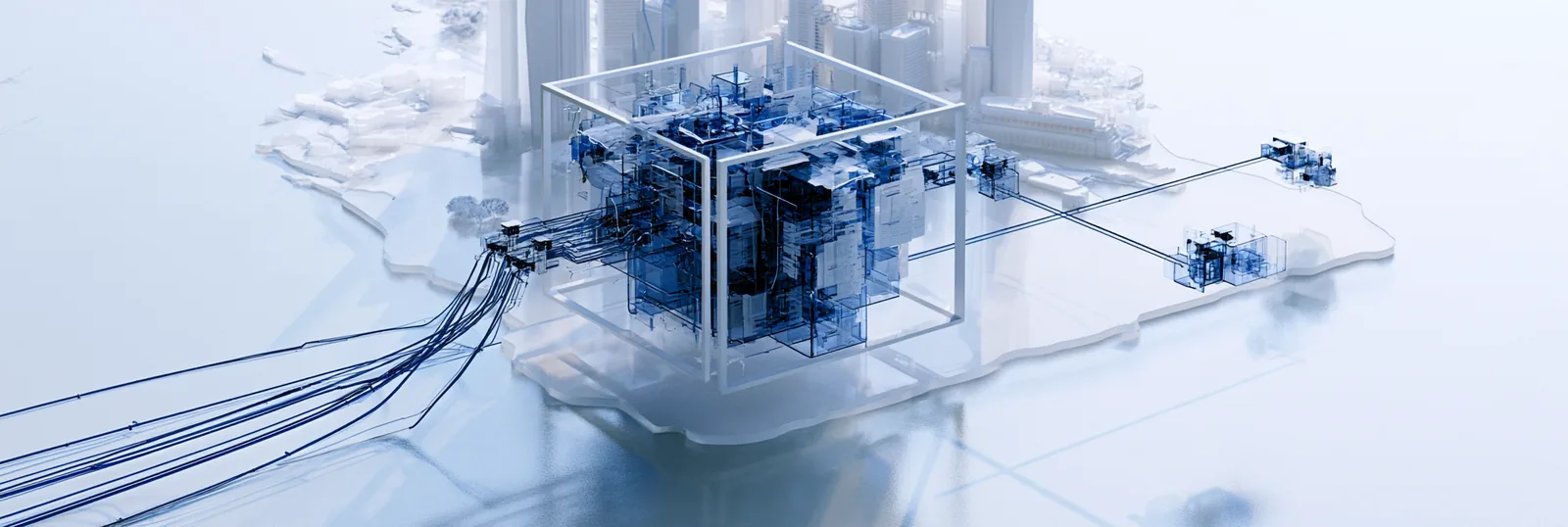 Spatial render: a dense glass hub with many fine lines arriving from the left, on an island outline