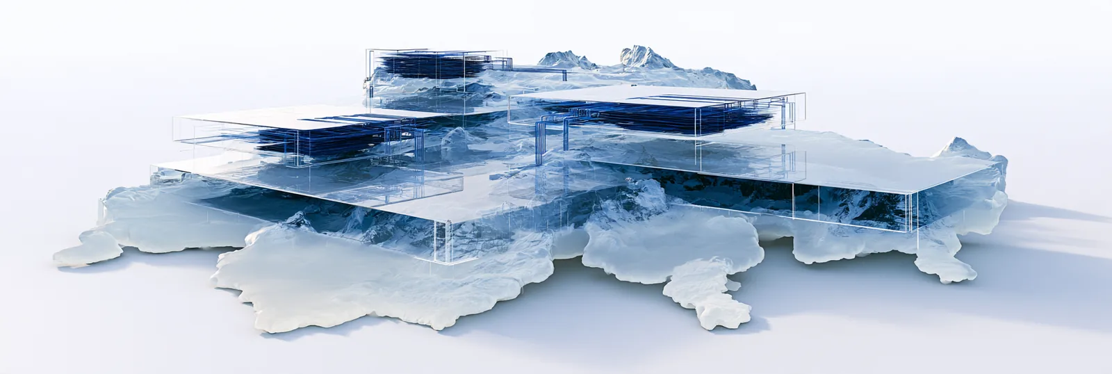 Spatial render: layered translucent plates stacked over an outline of Switzerland