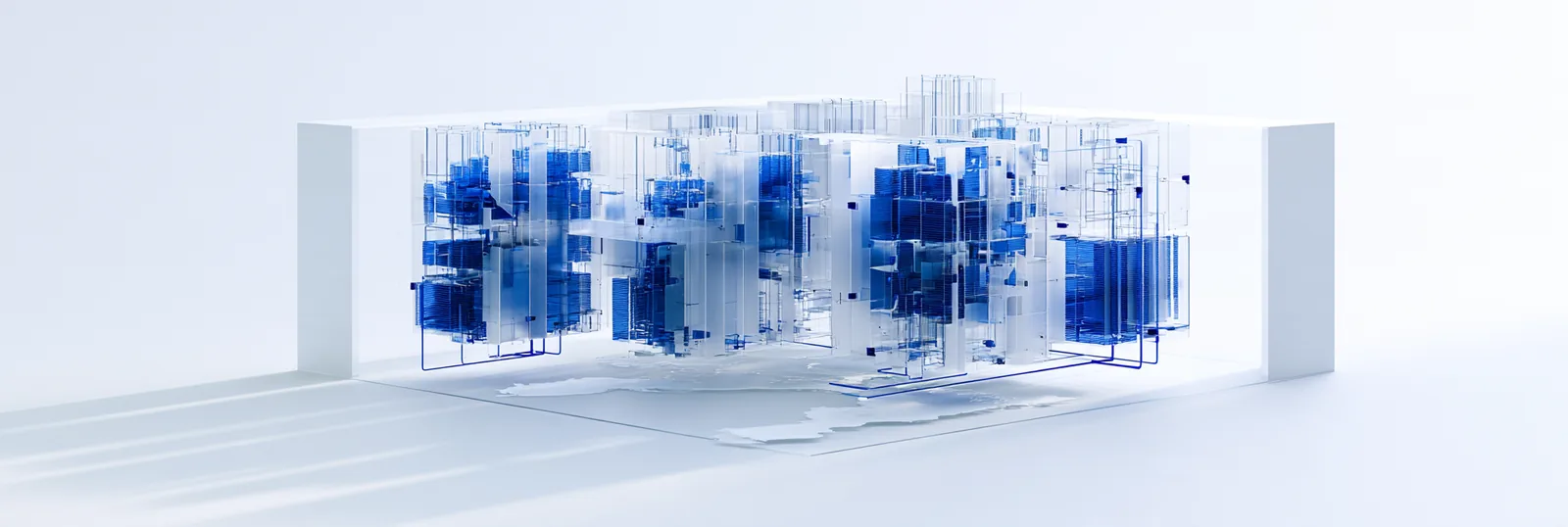 Spatial render: a cluster of blue record blocks inside a white frame, standing slightly apart