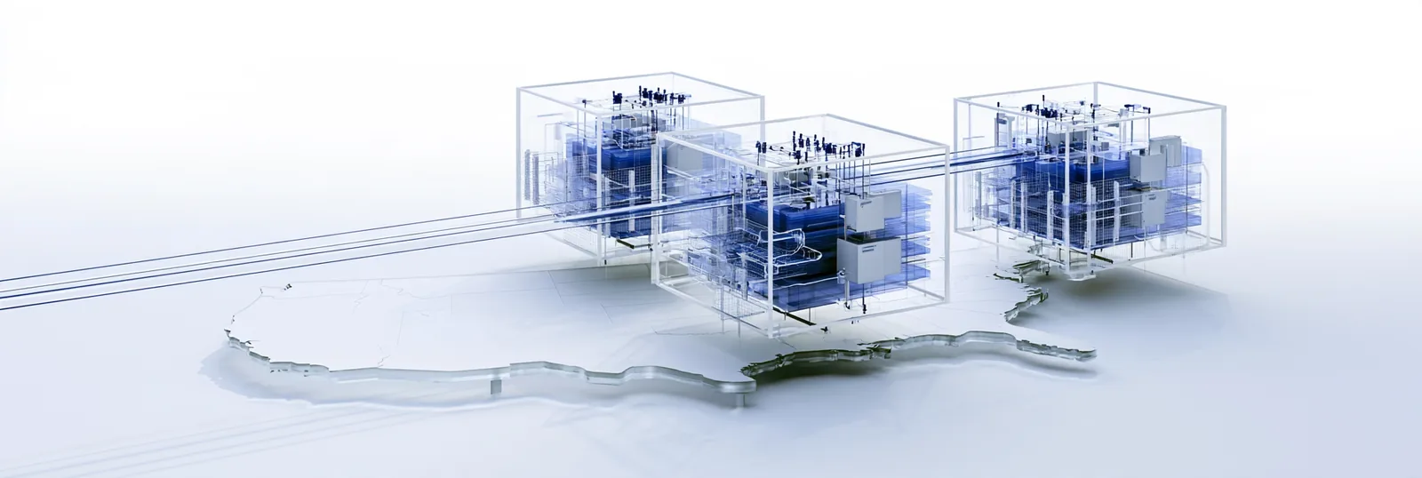 Spatial render: two large glass record structures joined by rails across an outline of the United States