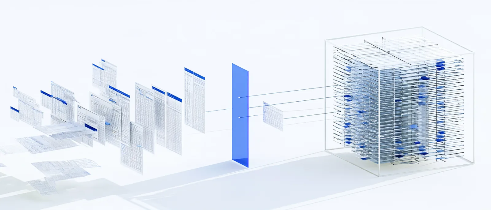 Spatial render: scattered documents passing through one thin assembly plane into a dense record stack