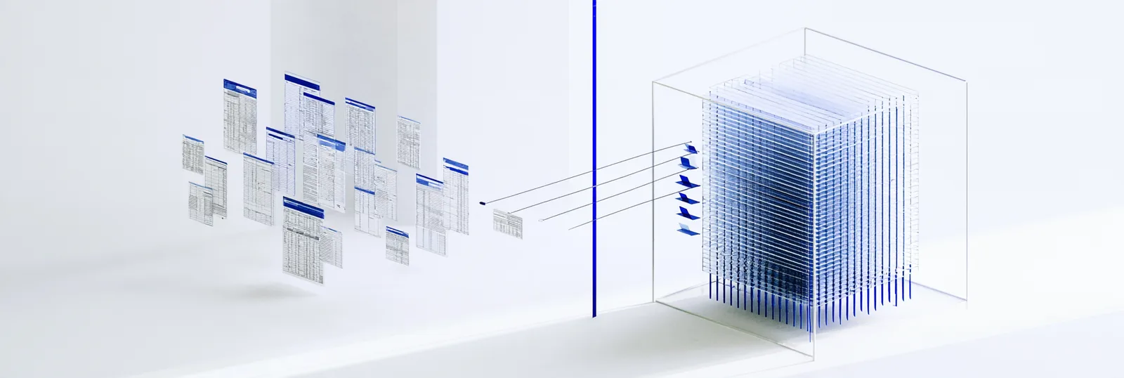 Spatial render: a field of scattered company documents wired into one dense layered record cube