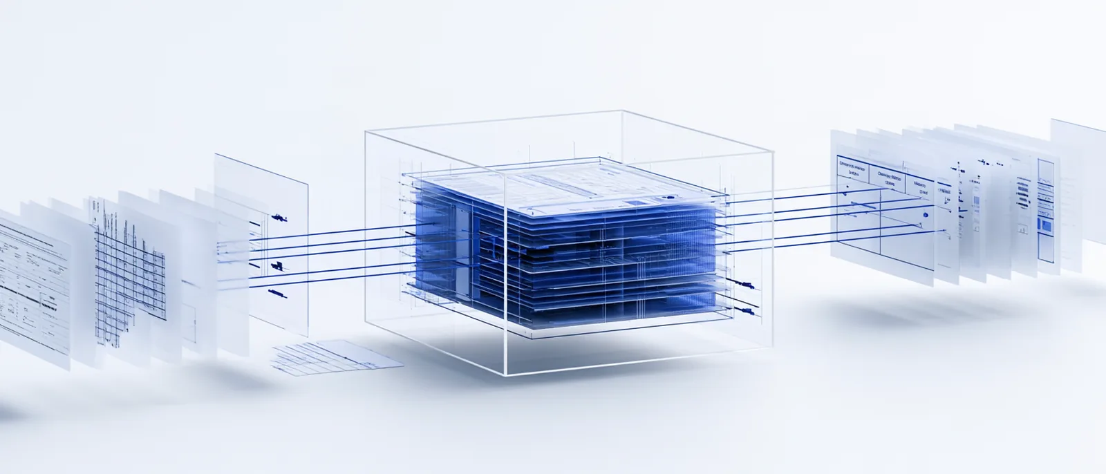 Spatial render: source sheets connected by fine lines to the record cube each answer points back to
