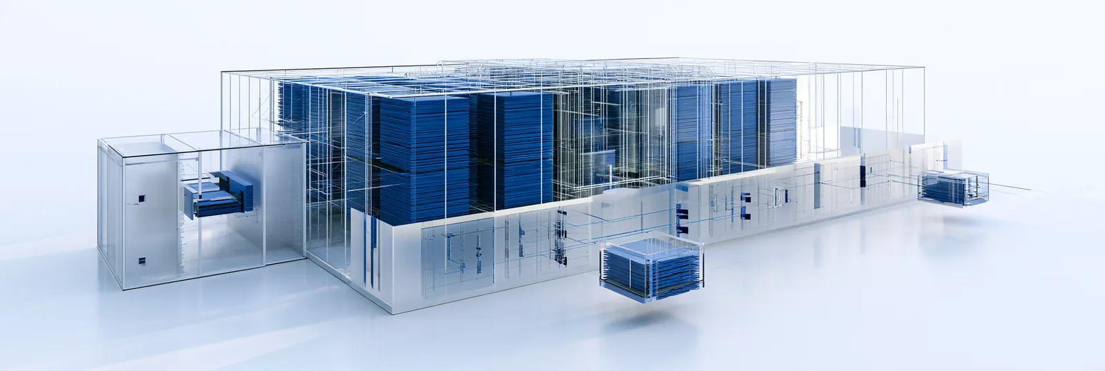 Spatial render: one long glass vault of ordered blue records with a small module leaving it