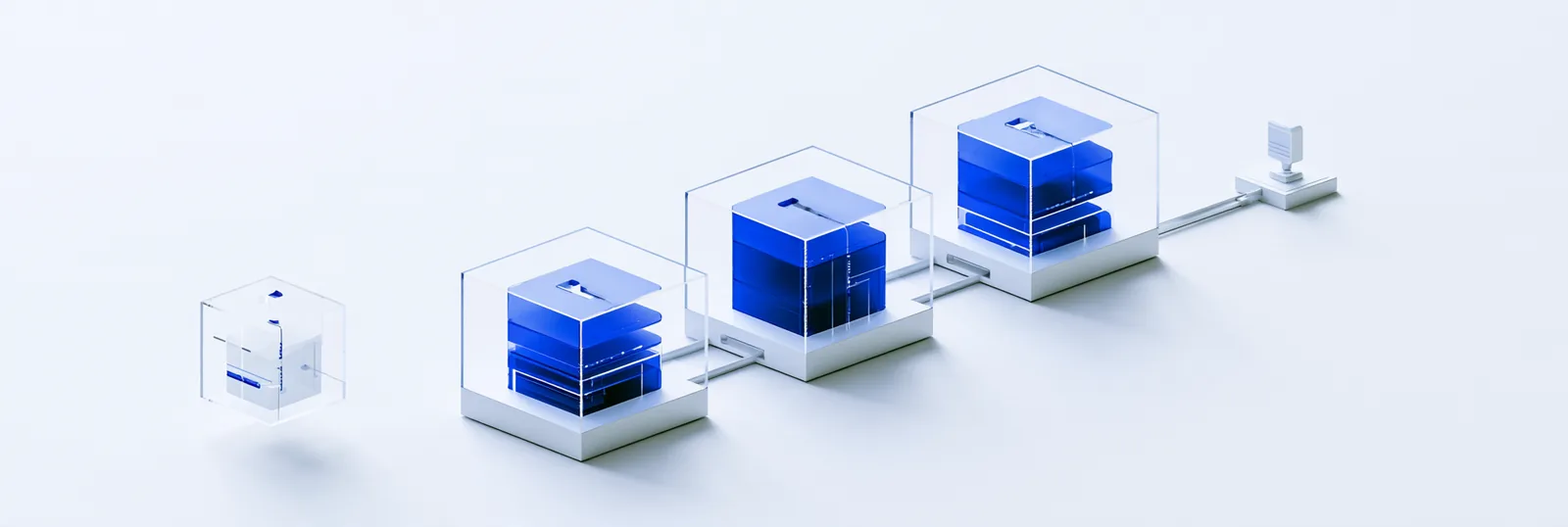 Spatial render: a row of glass checkpoints growing denser toward the right, a small module entering from the left