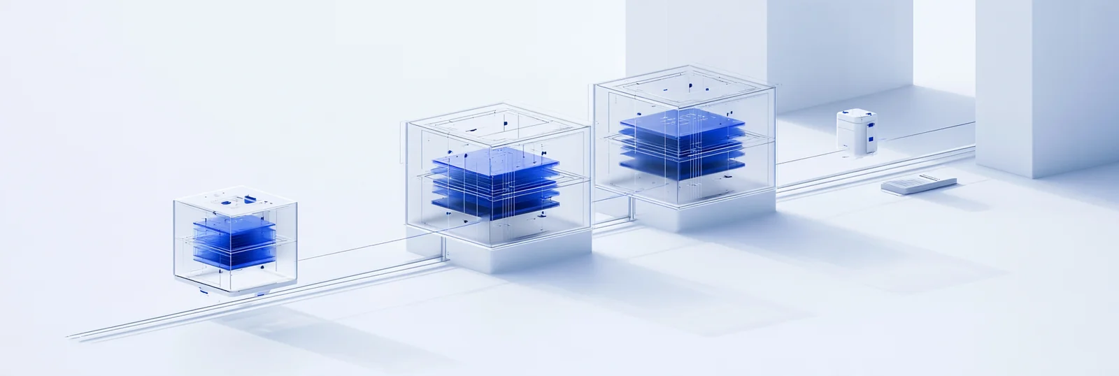 Spatial render: a small machine request module carrying its authority toward a company record