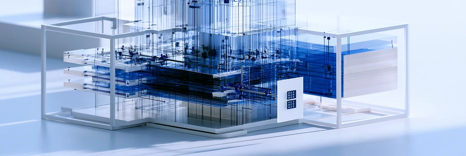 Spatial render: a dense blue mechanism held inside an open inspection frame