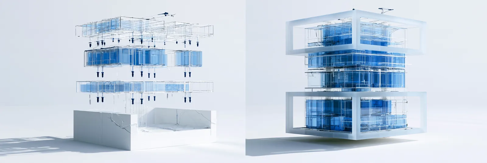 Spatial render: a half-assembled stack of record layers beside a delivered whole block