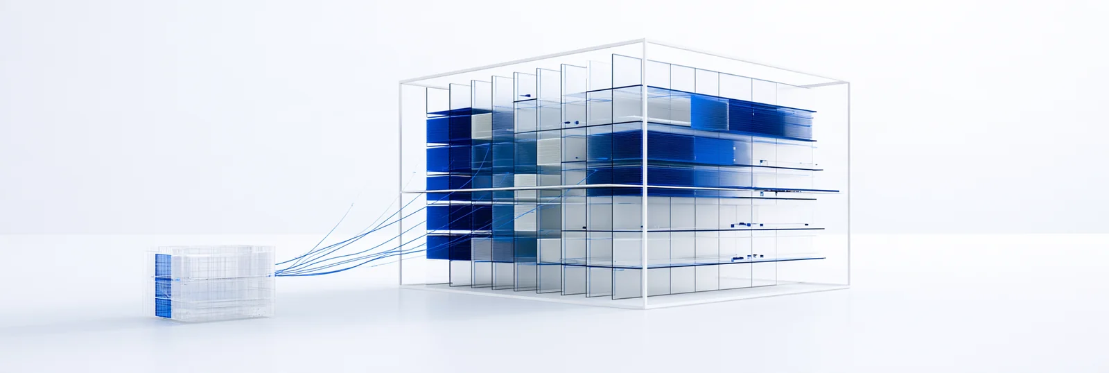 Spatial render: a company record connected over fine lines to one large assessment structure