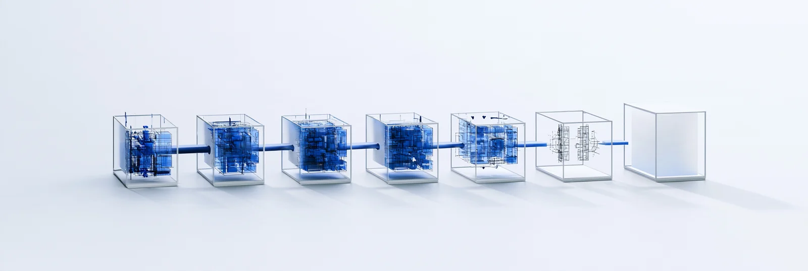 Spatial render: eight process stations in one continuous sequence, the contents ordering left to right