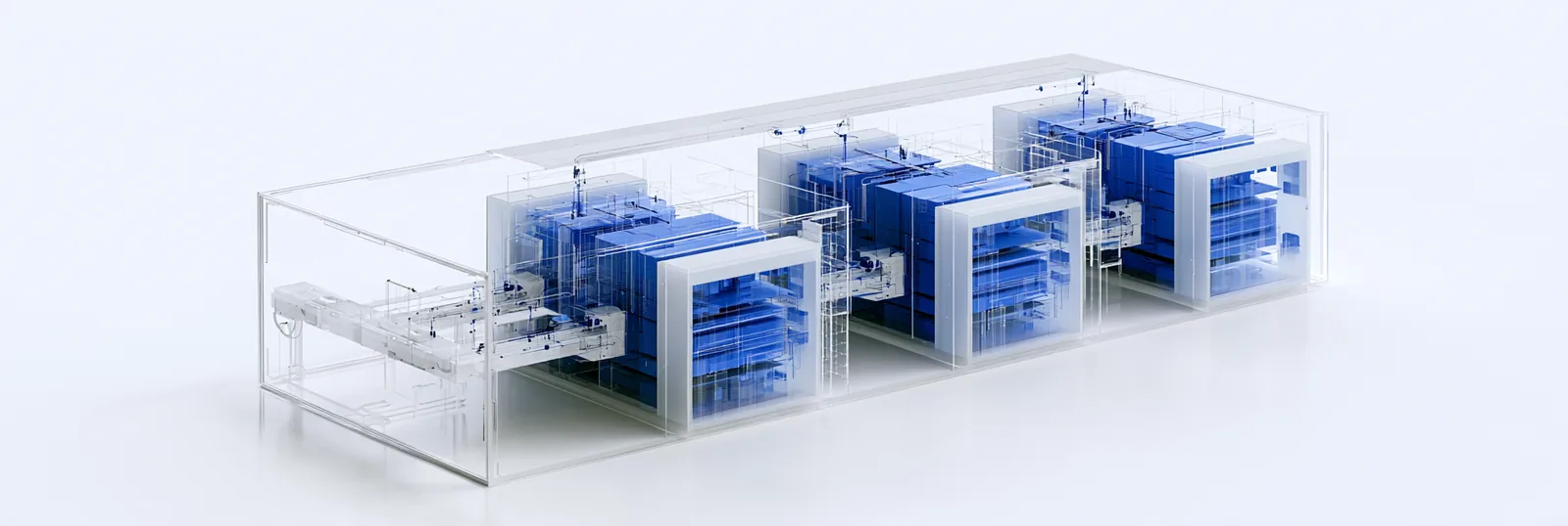 Spatial render: three large ordered registries connected in one row inside a long hall