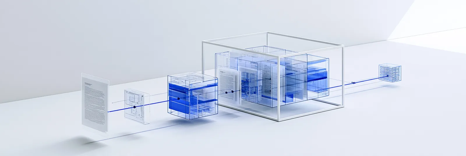 Spatial render: a sequence of glass modules connected left to right, growing more ordered toward the right