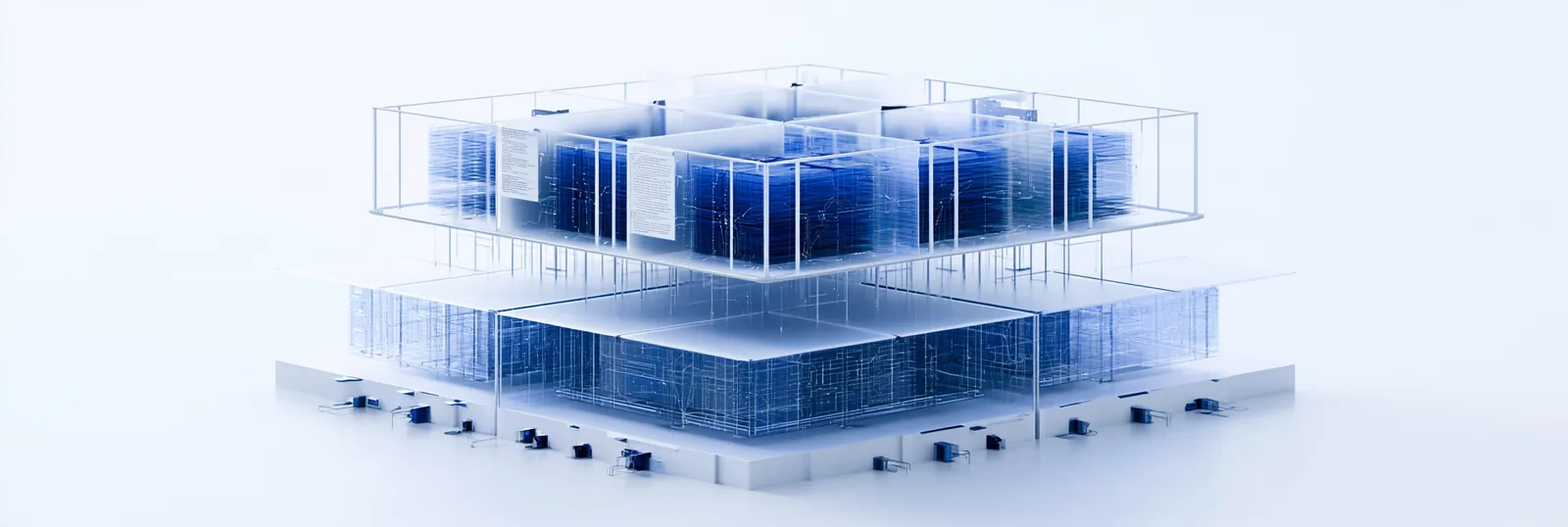 Spatial render: a heavy layered platform of records standing on many small supports