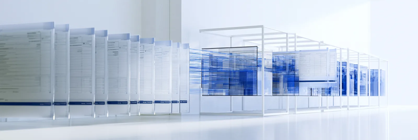 Spatial render: a long row of thin translucent invoice sheets collected into one glass frame