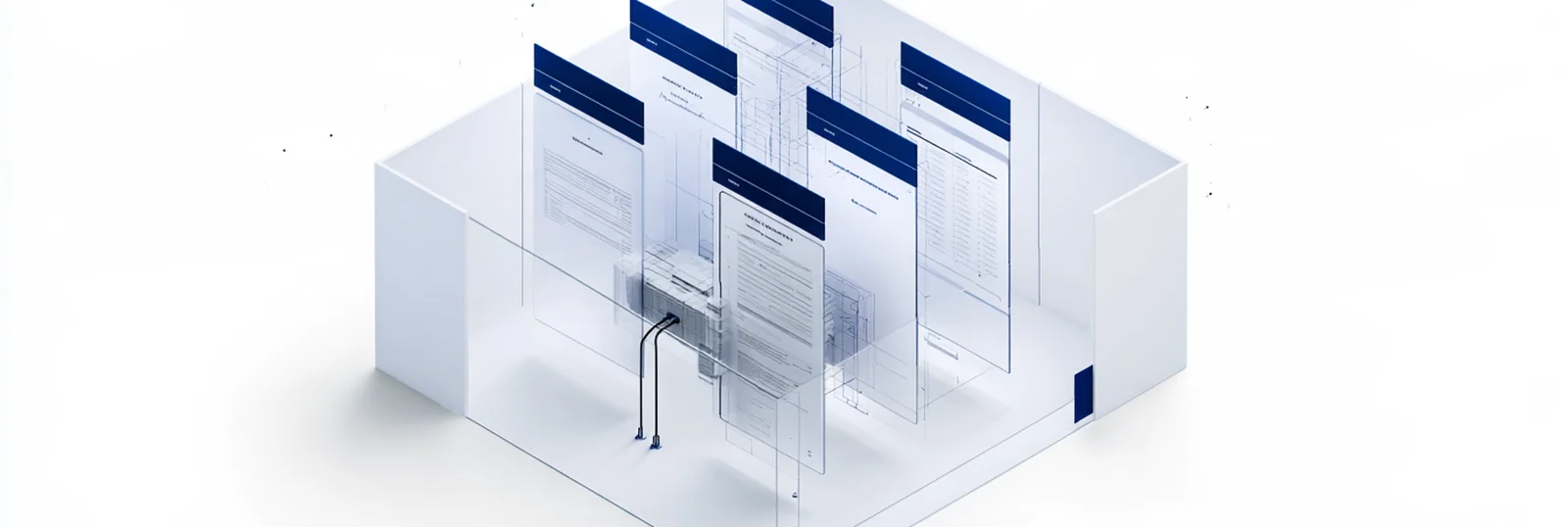 Spatial render: an offering package of upright document sheets in an open frame