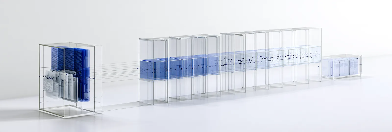 Spatial render: one dense blue register at the left and a long row of evenly spaced repayment frames leaving right