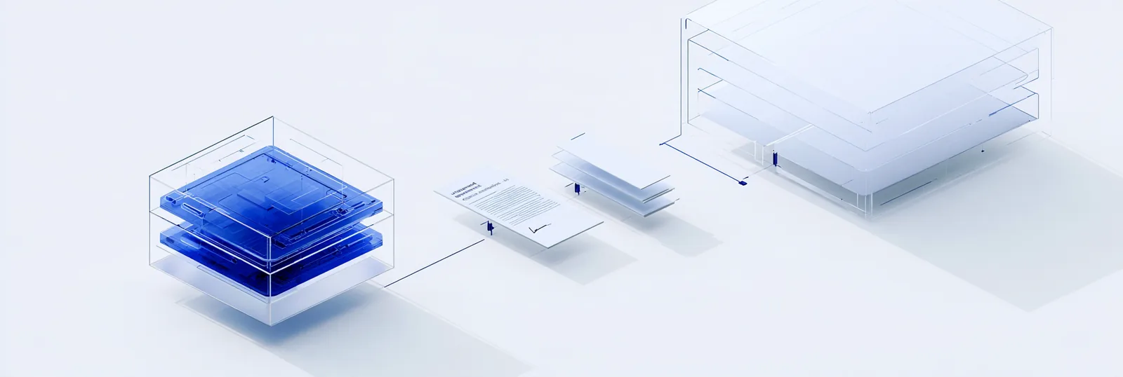 Spatial render: a stack of blue layers whose connecting line breaks into scattered fragments before reaching the frame at the right
