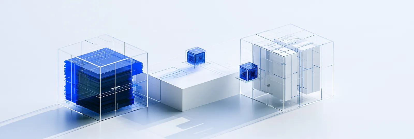 Spatial render: a blue module leaving one white base along a line toward a cleaner new case