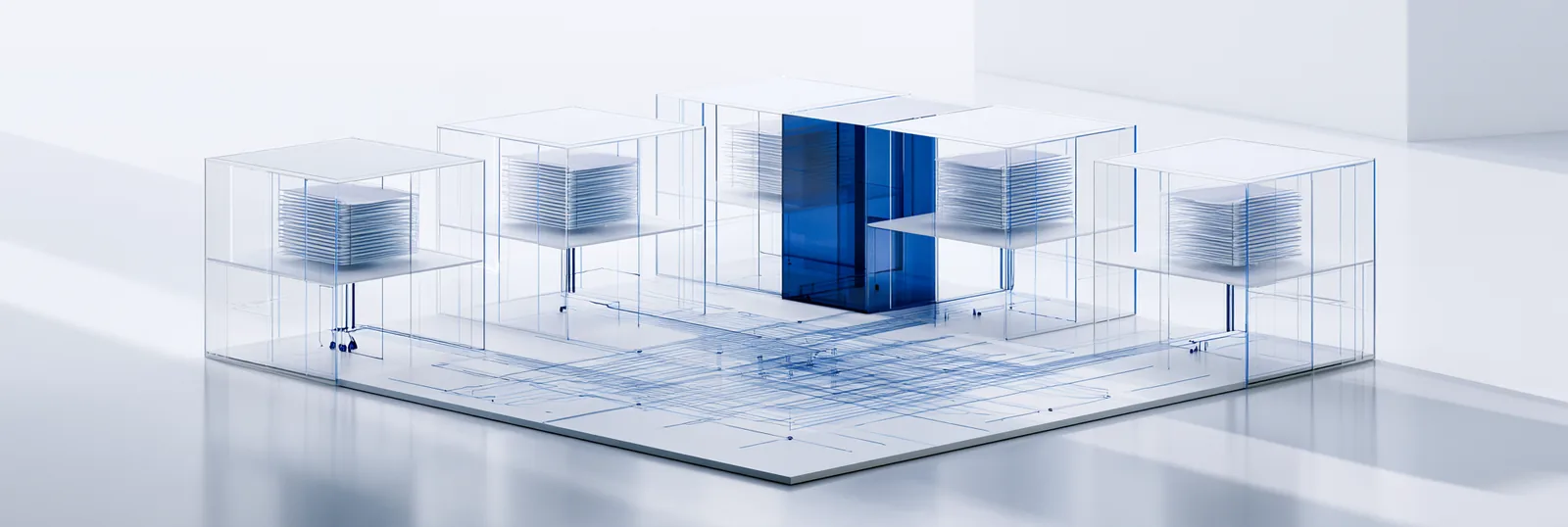 Spatial render: a square plate with glass columns around one dark blue founding block