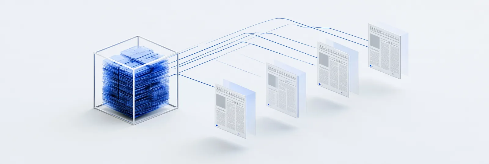 Spatial render: one dense blue archive with thin lines leaving to separate white pages at the right