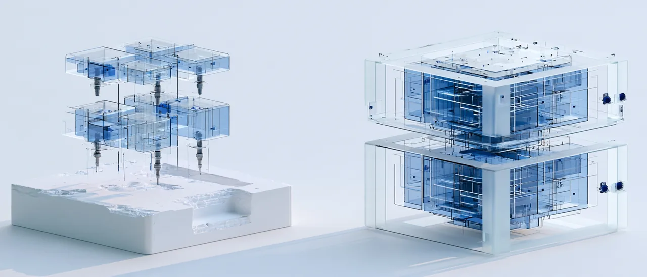 Spatial render: offering components assembling above the foundation into one finished stack