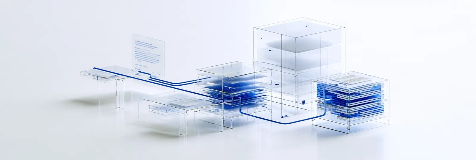Spatial render: a small planning surface with document sheets connected to a larger glass structure of stacked volumes