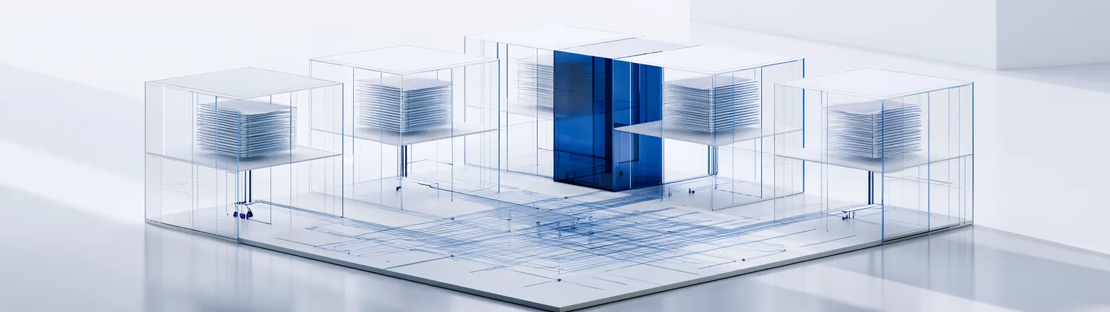 Spatial render: seven record modules in an open arc around one shared specification plate