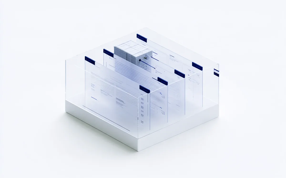 Spatial render: an offering package of four upright document sheets