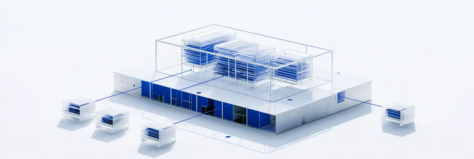 Spatial render: one wide fund enclosure holding distinct underlying asset records