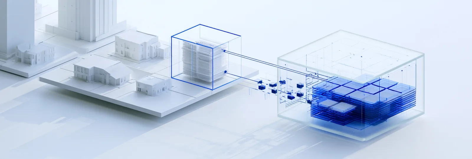 Spatial render: a parcel map of white building models with one property lifted into a dense record cluster
