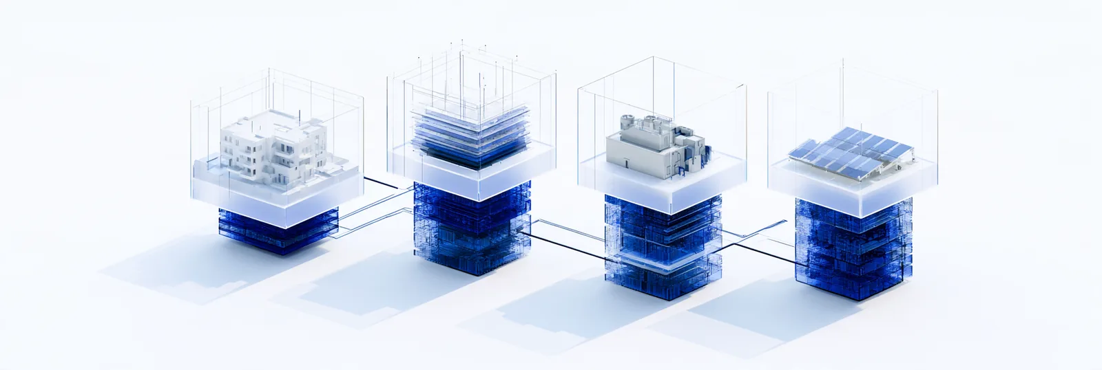 Spatial render: four asset structures in transparent enclosures on one shared plane
