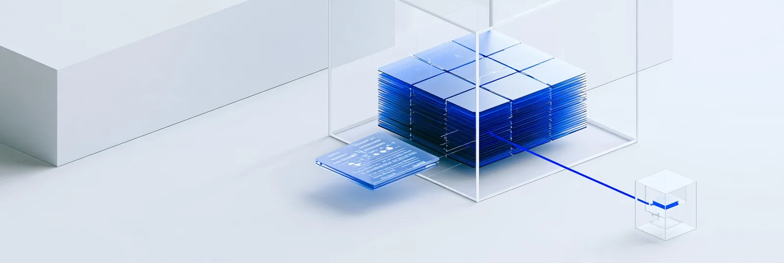 Spatial render: one blue block sliced into equal segments, one segment sliding out along a thin line toward a small holder module