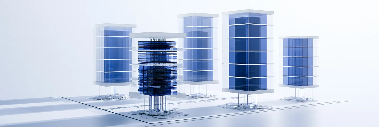 Spatial render: a row of layered record stacks of different heights on a measured plane