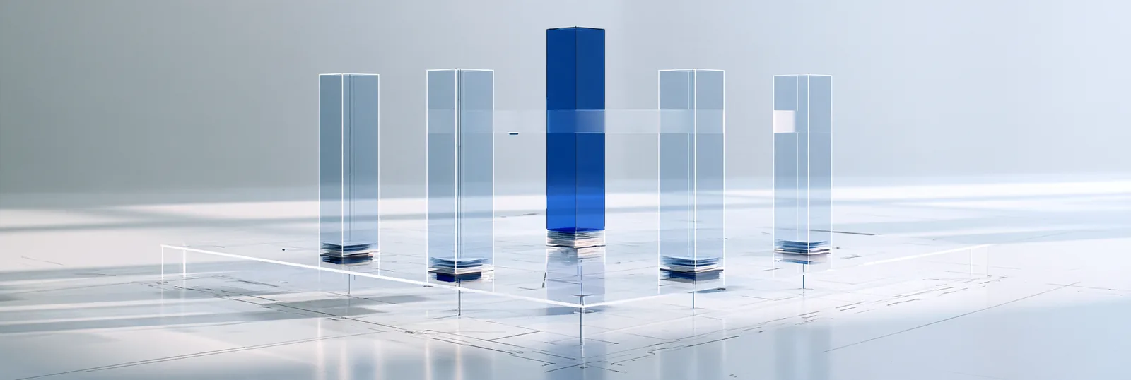 Spatial render: a row of translucent measuring columns with one saturated tall column among them