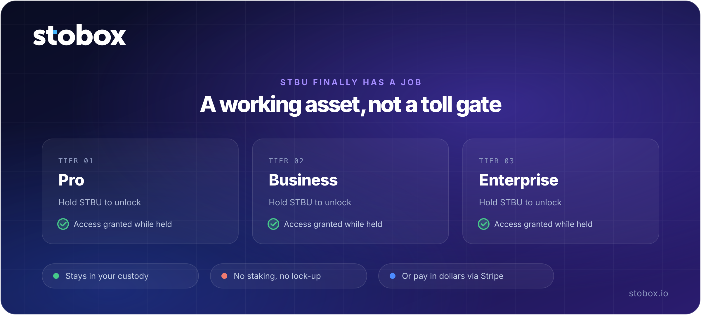 STBU utility tiers — holding STBU in your own wallet unlocks Pro, Business, and Enterprise access across Intelligence, Raisable, and Compass